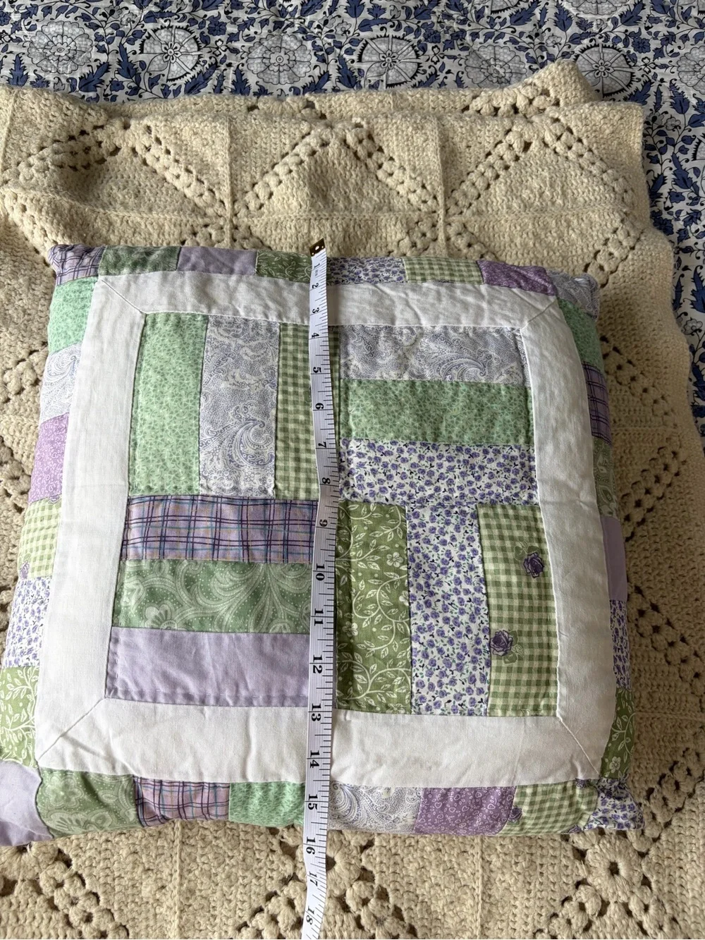 Handmade quilted Patchwork Throw Pillow - Green, Lavender, White
